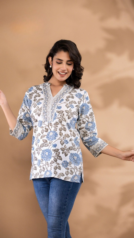 Floral Grace V-Neck Kurti – Blue & Beige