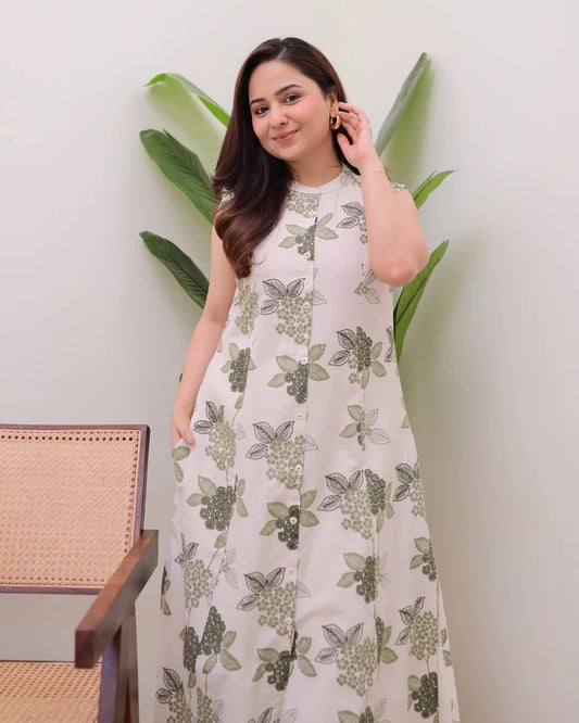 Ivory Green Bloom – Sleeveless Printed A-Line Kurta Set