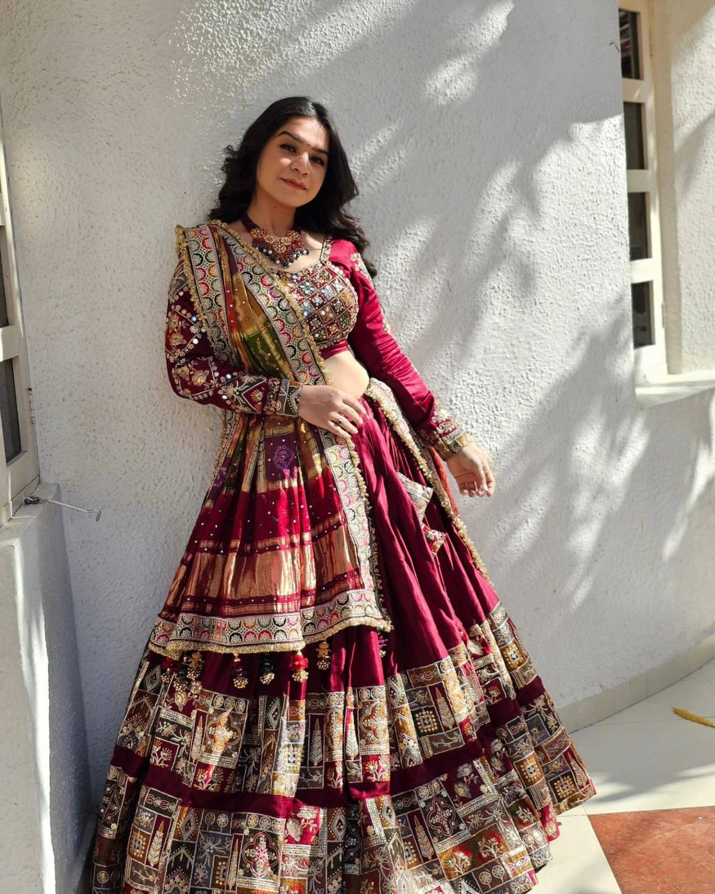 Royal Maroon Kutchi Embroidered Lehenga